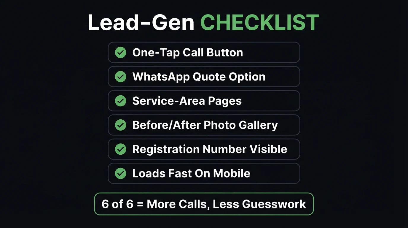 Lead generation checklist for plumber and electrician websites — call button, WhatsApp, service-area pages, before-after gallery, registration number, fast mobile load